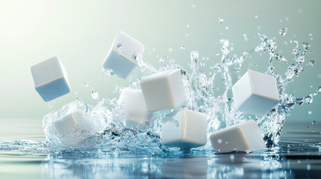 A striking image of ice cubes splashing into clear water, showcasing a burst of droplets and ripples. The soft gradient background enhances the refreshing feel.の素材