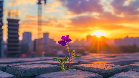 A vibrant purple flower defiantly blooms through a textured concrete pavement against a stunning sunset skyline, symbolizing resilience amid urban life.の素材
