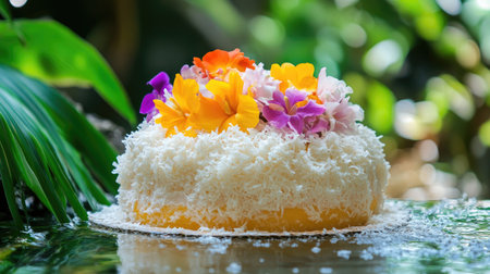 A stunning floral cake adorned with vibrant coconut icing and fresh flowers sits gracefully in a lush tropical garden, reflecting tranquility and beauty.の素材