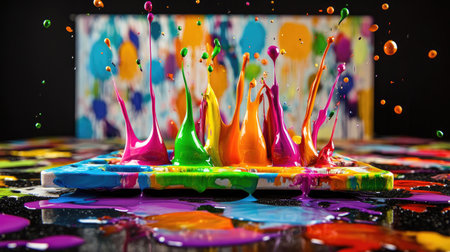 Dynamic splashes of vivid paint in a creative art studio setting showcase the essence of artistic expression, vibrant colors, and joyful energy.の素材