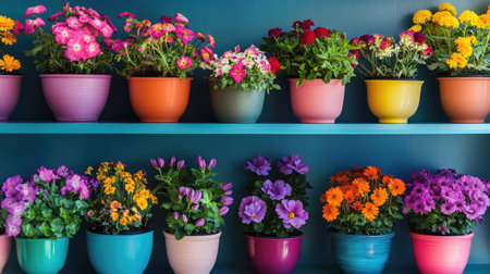 A stunning arrangement of colorful flower pots filled with vibrant blooms displayed on shelves against a cheerful background, enhancing any interior space.の素材
