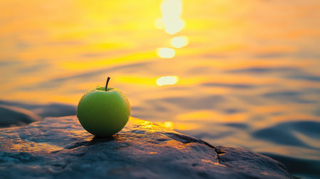 A bright green apple rests on a textured rock with a serene body of water and a stunning sunset in the background, evoking a sense of peace and freshness.の素材