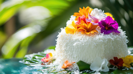 This stunning tropical cake features vibrant edible flowers and shredded coconut, creating an eye-catching centerpiece perfect for celebrations or special events.の素材
