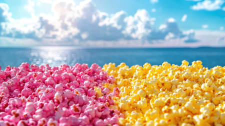 Vibrant pink and yellow popcorn create a stunning contrast against the calm blue ocean and sky. Ideal for summer-themed events or snack promotions.の素材