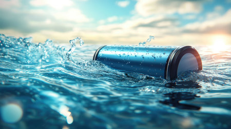A striking image of a metallic object gracefully floating on the water surface, creating splashes under the warm sunlight and a captivating sky backdrop.の素材