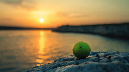 A vibrant yellow lime sits on a rocky surface as the sun sets over serene waters, creating a stunning reflection and a peaceful atmosphere.の素材