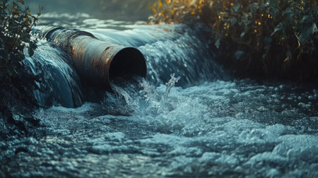 This image showcases a rusty pipe discharging contaminated water into a flowing stream, highlighting environmental pollution. The surrounding greenery contrasts with the polluted water, emphasizing the ecological impact on natural landscapes.の素材