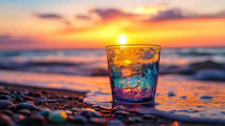 A vibrant glass filled with colorful liquids rests on the beach amidst pebbles, illuminated by the warm glow of a stunning sunset over the ocean.の素材