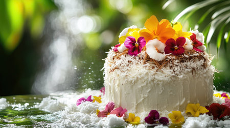 A stunning tropical cake adorned with an array of vibrant edible flowers, set amidst a lush green backdrop, perfect for celebrations and special occasions.の素材