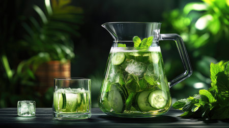 A stunning arrangement of mint and cucumber infused water showcases a glass pitcher filled with refreshing ingredients, surrounded by vibrant greens.の素材