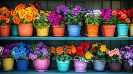 A stunning collection of colorful flower pots showcasing vibrant blooms arranged neatly on a wooden shelf, perfect for enhancing any outdoor or indoor space.の素材