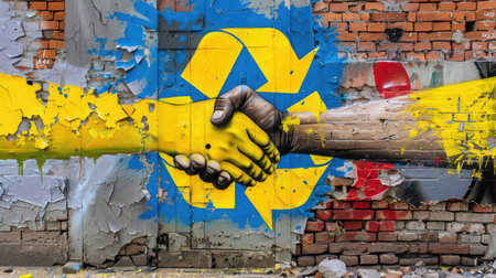 This captivating urban mural features a striking handshake, symbolizing collaboration, alongside a recycling emblem on a rugged brick wall. The vivid colors evoke creativity and community awareness about sustainability and environmental responsibility.の素材