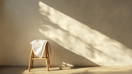A serene and minimalist scene featuring a wooden stool with a soft white towel draped comfortably over it, illuminated by gentle natural light that casts soft shadows on a textured wall.の素材