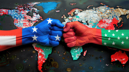 This image illustrates a powerful representation of international cooperation, showcasing hands in vibrant national colors against a world map backdrop.の素材