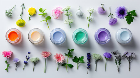 A beautiful arrangement of fresh flowers alongside pastel paint jars on a clean white background, perfect for craft or decor inspiration.の素材