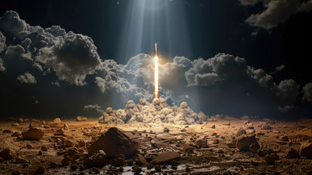 A breathtaking depiction of a rocket launching against a backdrop of dramatic clouds and illuminating light beams, symbolizing exploration and innovation.の素材
