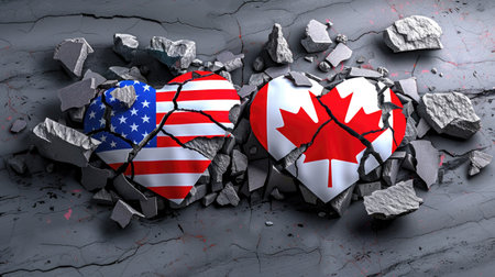 This visually striking image showcases two broken hearts adorned with the flags of the United States and Canada, set against a cracked concrete backdrop, symbolizing complex relationships and the contrast between unity and separation.の素材