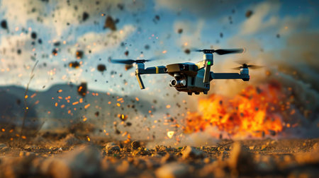 This stunning aerial photograph showcases a drone in mid-flight, capturing an explosion in a dynamic landscape. The image emphasizes technology, nature, and excitement.の素材