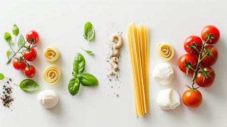 Beautifully arranged fresh ingredients for Italian cooking featuring tomatoes, basil, mozzarella cheese, and pasta on a clean white surface.の素材