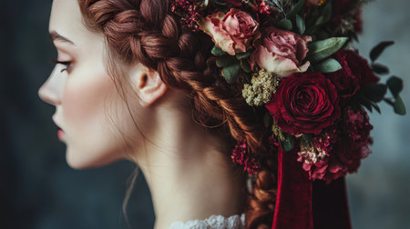 A captivating side profile of a woman featuring an intricate braided hairstyle adorned with a vibrant floral arrangement, creating a stunning artistic image.の素材
