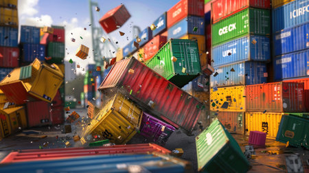 A vibrant scene capturing colorful shipping containers tumbling in a busy port, showcasing the dynamic nature of cargo movement and logistics operations.の素材