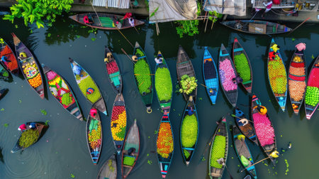 This vibrant aerial scene captures numerous boats filled with colorful fruits, showcasing a lively market on a river, highlighting trade and community engagement.の素材