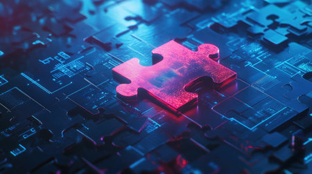 A captivating image of a vibrant puzzle piece set against a digital circuit background, illuminated with striking neon lighting that evokes innovation and creativity.の素材