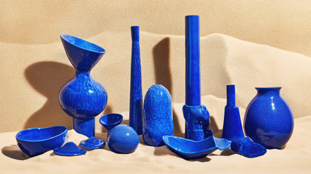 A captivating arrangement of various blue ceramic pieces showcasing unique forms and textures set against a neutral backdrop, ideal for design inspiration.の素材