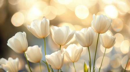 A captivating image of white tulips framed against a warm golden bokeh, showcasing the beauty and elegance of nature in a serene and peaceful setting.の素材
