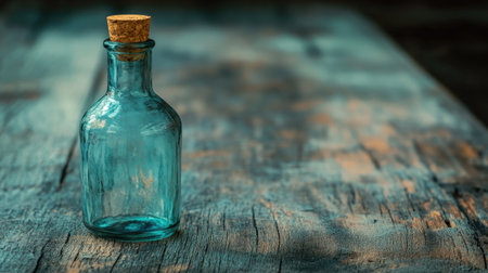 This image showcases a vintage glass bottle with a cork stopper set on a rustic wooden surface, emphasizing its unique charm and aesthetic appeal.の素材