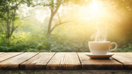A warm cup of coffee sits on a rustic wooden table, surrounded by a serene nature backdrop illuminated by soft sunlight, creating a peaceful morning vibe.の素材