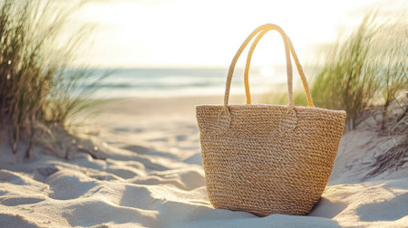 A beautiful woven straw tote bag rests upon soft sand at sunrise, with calm waves lapping against the shore, creating a serene beach atmosphere.の素材