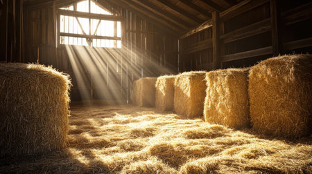 This image showcases a sunlit barn interior filled with hay bales, creating a warm and inviting atmosphere. The soft rays of light filter through wooden beams, highlighting the rustic charm and tranquility of a rural setting. Perfect for agricultural themes.の素材
