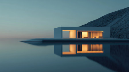 A stunning minimalist house stands by a tranquil body of water during twilight, showcasing modern architecture and serene beauty. The peaceful scene invites relaxation and reflection in a harmonious natural setting.の素材