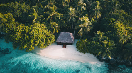 Experience the beauty of a tranquil tropical beach featuring a thatched hut nestled among lush palm trees and crystal clear waters, ideal for relaxation.の素材