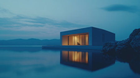 A modern house stands gracefully by the water during dusk, reflecting its architectural beauty under a serene blue sky, inviting tranquility and relaxation.の素材