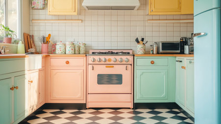 A beautifully designed pastel kitchen featuring colorful cabinets, a vintage stove, and a stylish checkered floor, illuminated by natural light.の素材