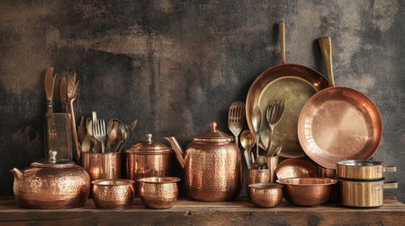 A rustic arrangement showcasing vintage copper kitchenware and utensils, including pots, pans, and bowls on a wooden table, against a textured backdrop.の素材
