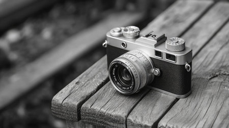 This black and white image features a vintage camera resting on a wooden surface, showcasing its intricate design and artistic details. Perfect for photography enthusiasts!の素材