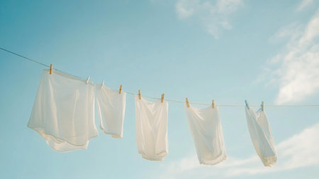 A serene image of white laundry hanging on a clothesline under a bright blue sky, conveying a sense of freshness, simplicity, and outdoor living.の素材