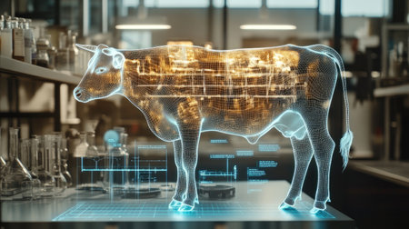 A digital representation of a cow in a laboratory, showcasing advanced technology for agricultural research. The holographic model highlights the anatomy and data analysis, emphasizing innovation in biotechnology.の素材