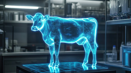 A stunning holographic representation of a cow displayed in a state-of-the-art laboratory, showcasing advanced technology in agricultural research and veterinary education.の素材