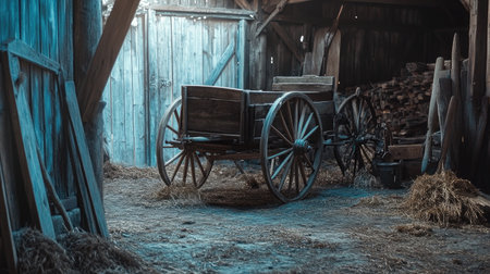 This image features a rustic wooden cart resting in an old barn, surrounded by piles of hay and wooden beams, creating a serene agricultural atmosphere.の素材