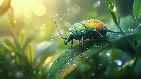 A stunning macro image of a vivid beetle resting on a dew-covered leaf, illuminated by gentle morning sunlight in a lush natural environment.の素材