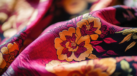A close-up view of vibrant floral fabric showcasing rich colors and intricate patterns, perfect for textile, fashion design, or home decor projects.の素材