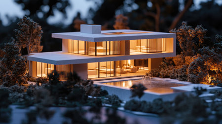 A scale model of a modern minimalistic house illuminated by warm light showcases serene elegance amidst surrounding trees, perfect for architecture enthusiasts.の素材