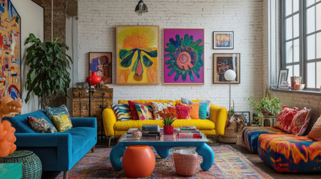 This vibrant living room features an array of colorful textiles and artistic wall decor, creating a cozy and inviting atmosphere ideal for contemporary design inspiration.の素材