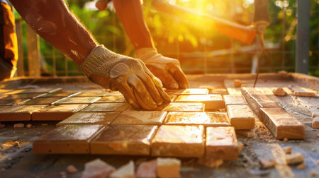 A skilled craftsman lays down colorful tiles on a construction surface, bathed in warm sunset light, showcasing the beauty of manual artistry and dedication.の素材