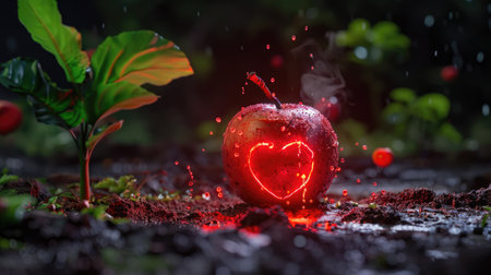 A striking red apple with a glowing heart design, surrounded by lush greens, water droplets, and earthy textures. Ideal for romantic themes.の素材
