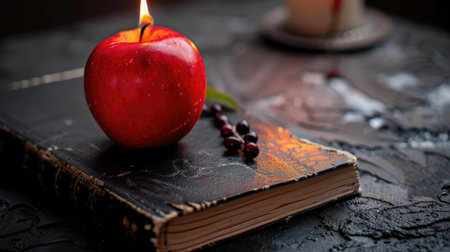 This captivating image features a red apple candle perched atop a vintage book, casting a warm glow. The scene evokes a cozy and artistic atmosphere.の素材